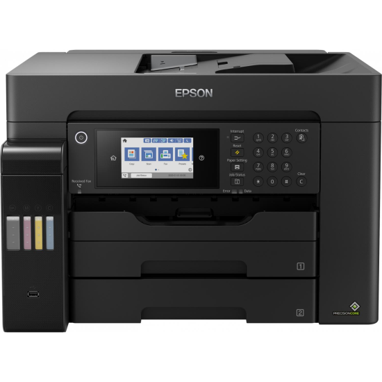 Multifunctional inkjet color CISS Epson L15160, dimensiune A3 (Printare, Copiere, Scanare, Fax), duplex, viteza 32ppm alb-negru, 32ppm color, rezolutie 4800x2400 dpi, alimentare hartie 2 sertare x 250 coli, scanner CIS rezolutie 2400x1200 dpi, ADF 50 coli