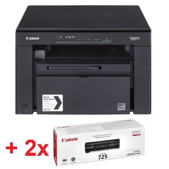 Multifunctional laser mono Canon MF3010 + 2X CRG725 incluse in pachet, dimensiune A4 (Printare, Copiere, Scanare), viteza 18ppm, rezolutie max 1200x600dpi, memorie 64MB RAM, alimentare hartie 150 coli, limbaj de printare UFRII-LT, scan: flatbed, color, ma